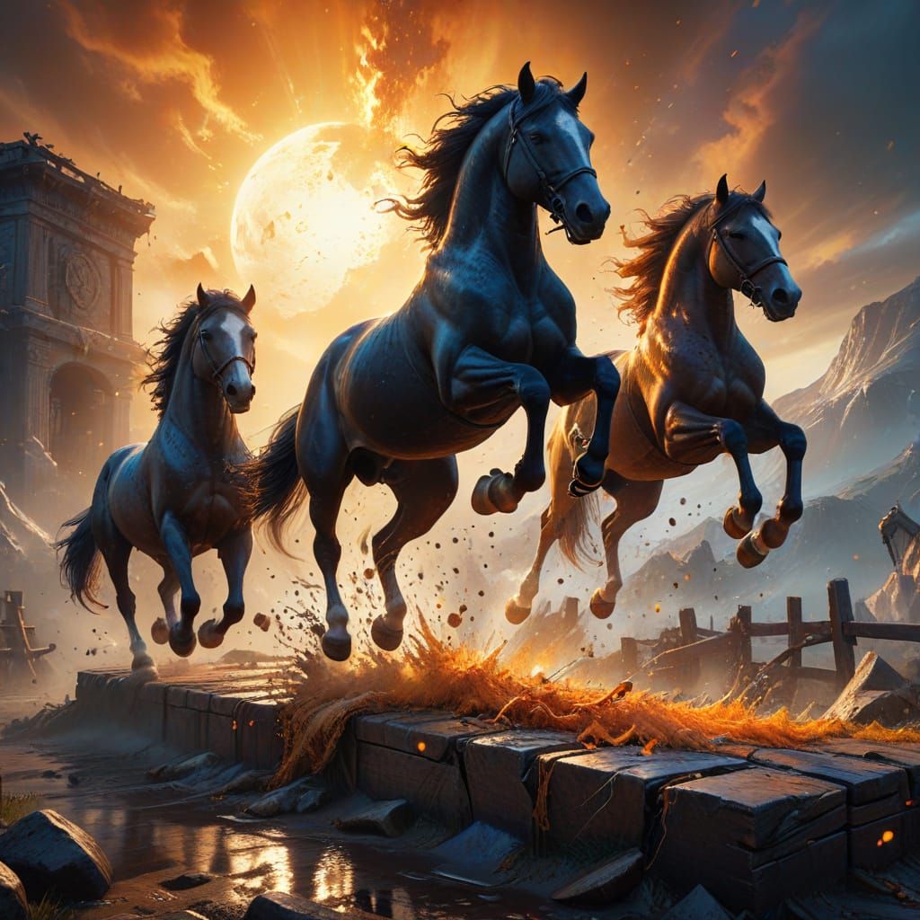 Horses Jumping Obstacle in Triadic Colors