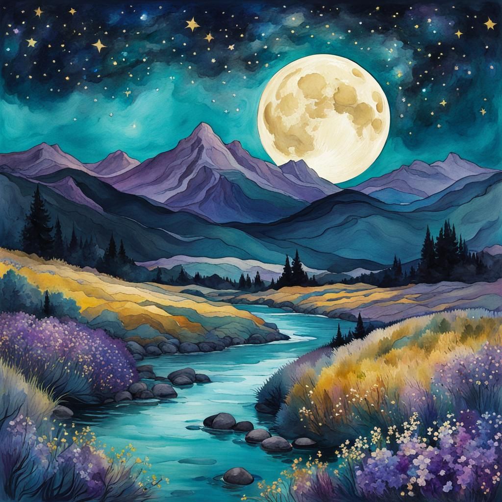 Starry Moonscape in Digital Watercolor Style