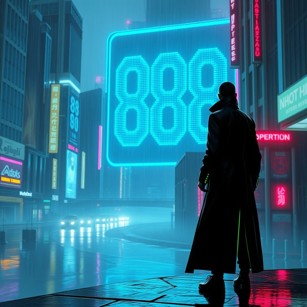 Cyberpunk Figure Contemplates Futuristic Code in Rainy Citys...