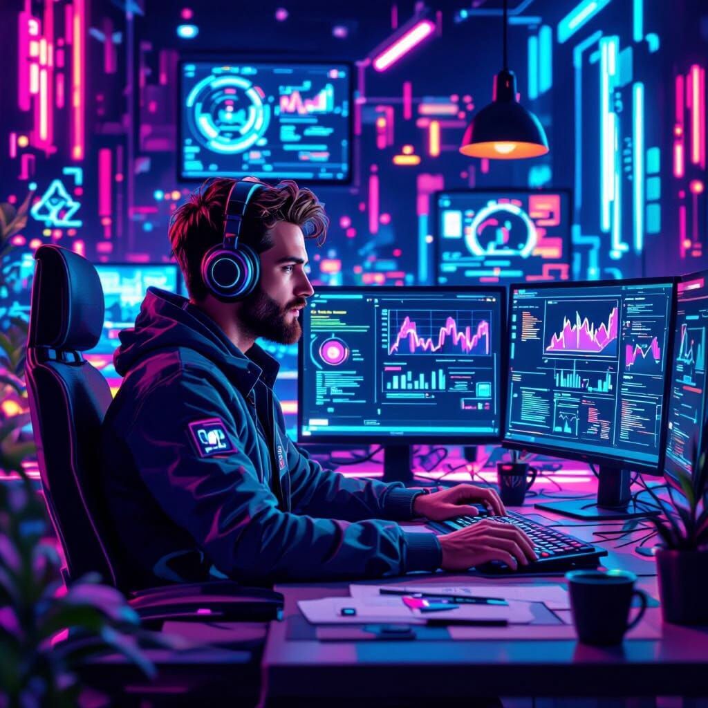 Cyberpunk Community Moderator in Neon Futuristic Office