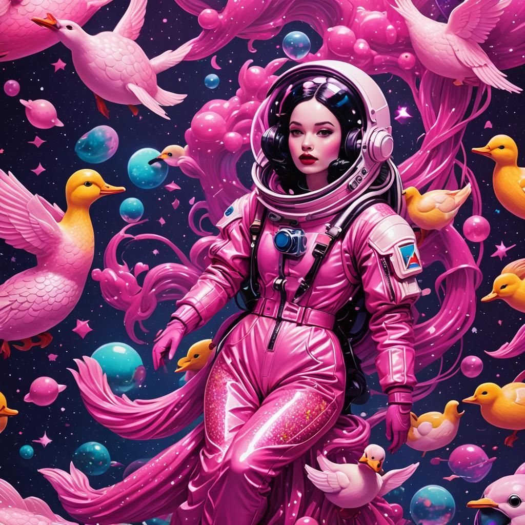 Snow White Mermaid with Cosmonaut Ducks in Space