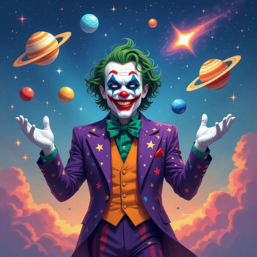 Celestial Joker Juggling Planets in Cosmic Void