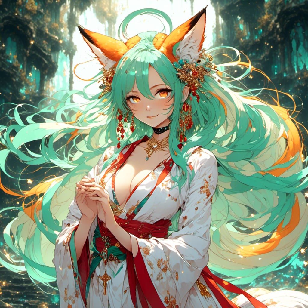 Captivating Kitsune Wife with Amber Hair in Anime Style