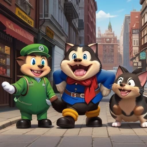 Cartoon of Happy Hedgehog, Dog, and Cat Together