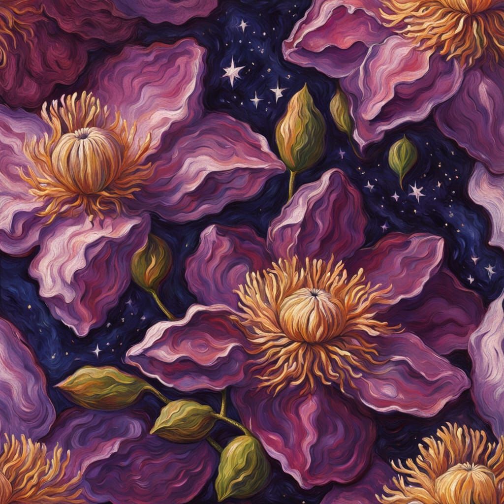 Magenta Clematis Flowers Under Starry Sky as Impasto Paintin...