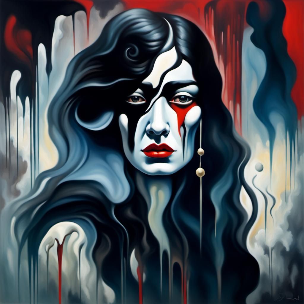 Surreal Face with Black Eyes and Red Lips