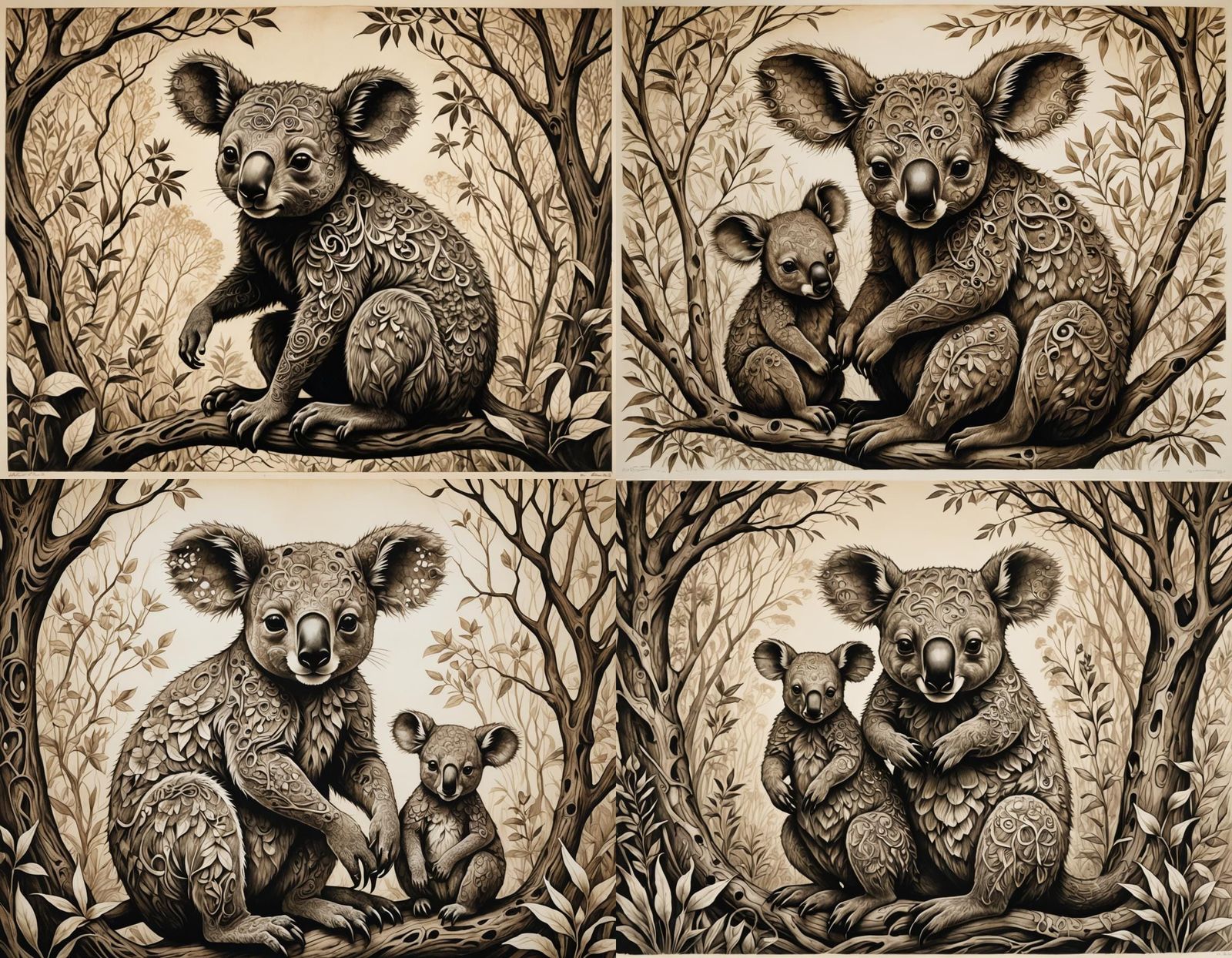 Surreal Kangaroo-Koala Hybrid: Intricate Ink Drawing