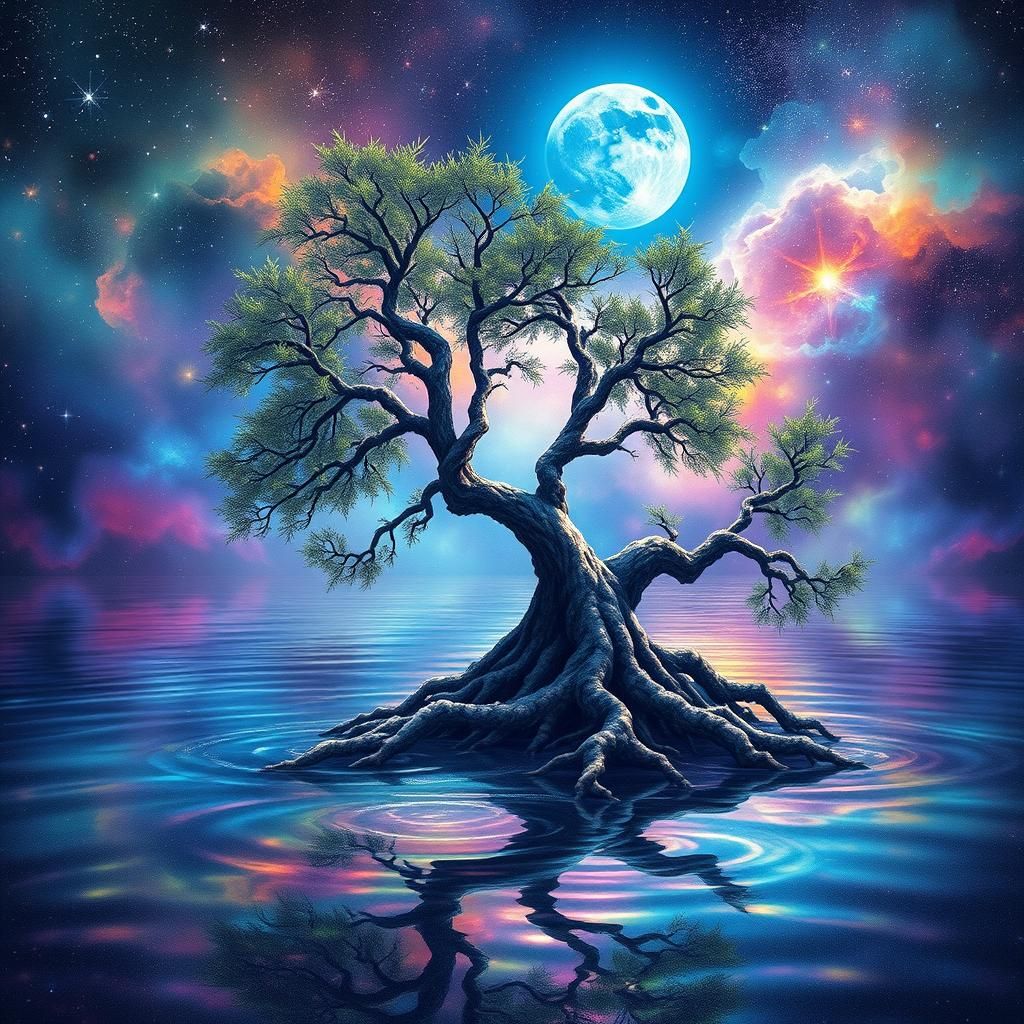 Cosmic Willow Tree Reflecting Astral Sky