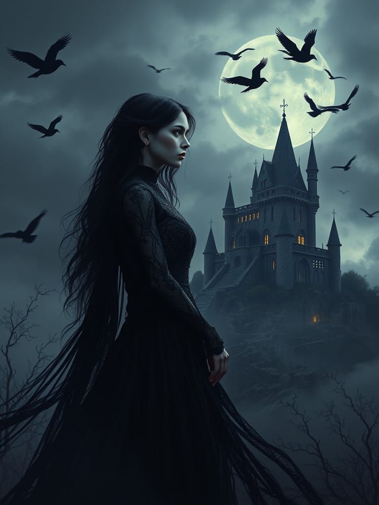 Gothic Woman Amidst Dark Castle Ruins in Ethereal Light