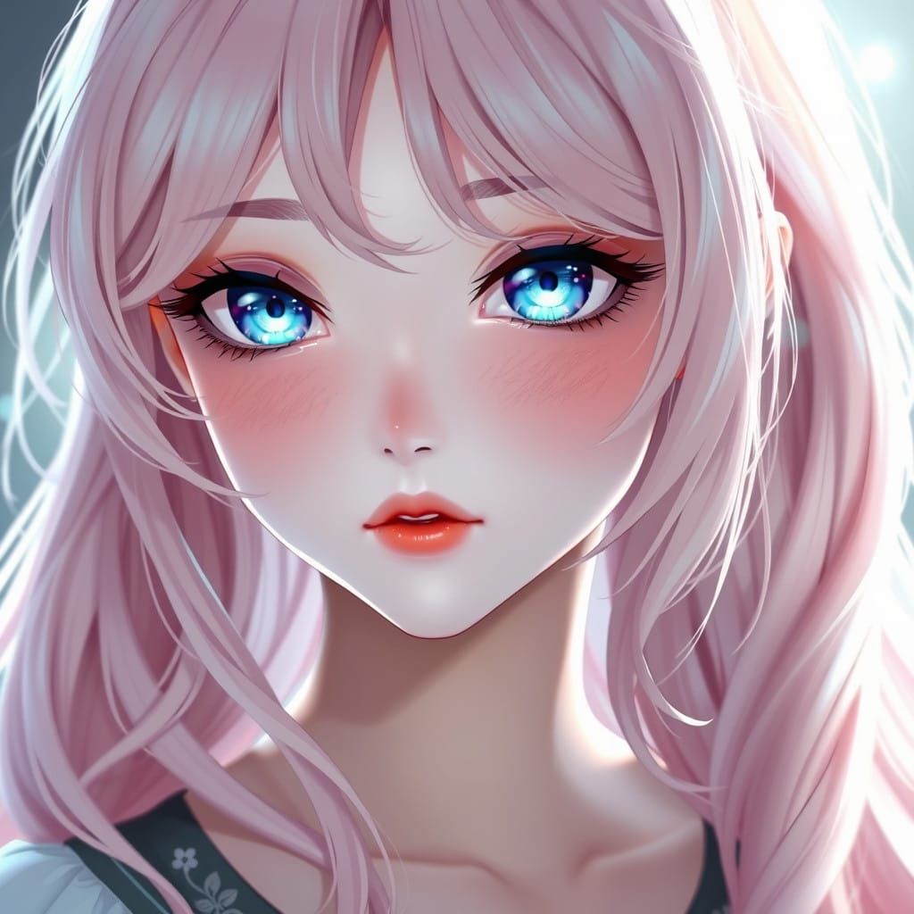 Serene Anime Goddess with Soft Pink Hair and Glowing Blue Ey...