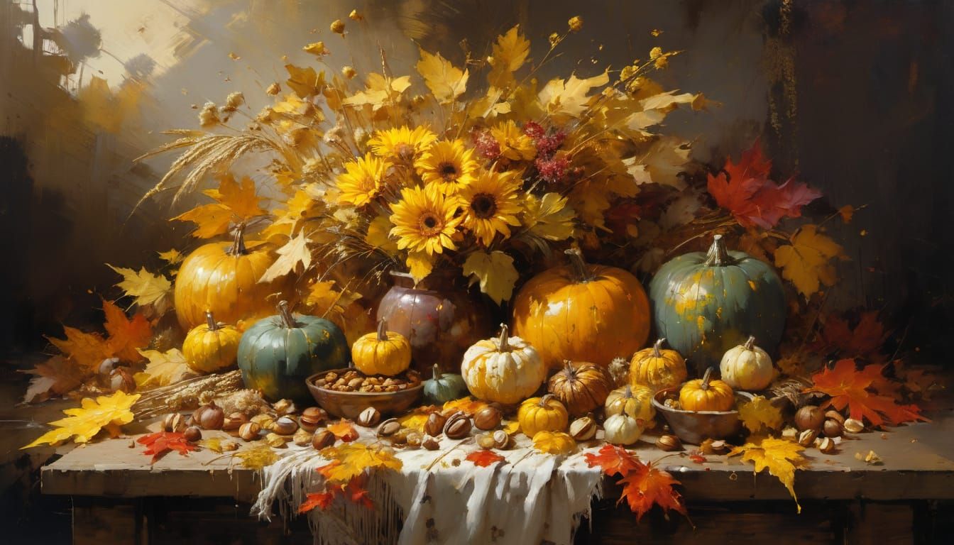 Rustic Fall Still Life Painting with Vibrant Colors