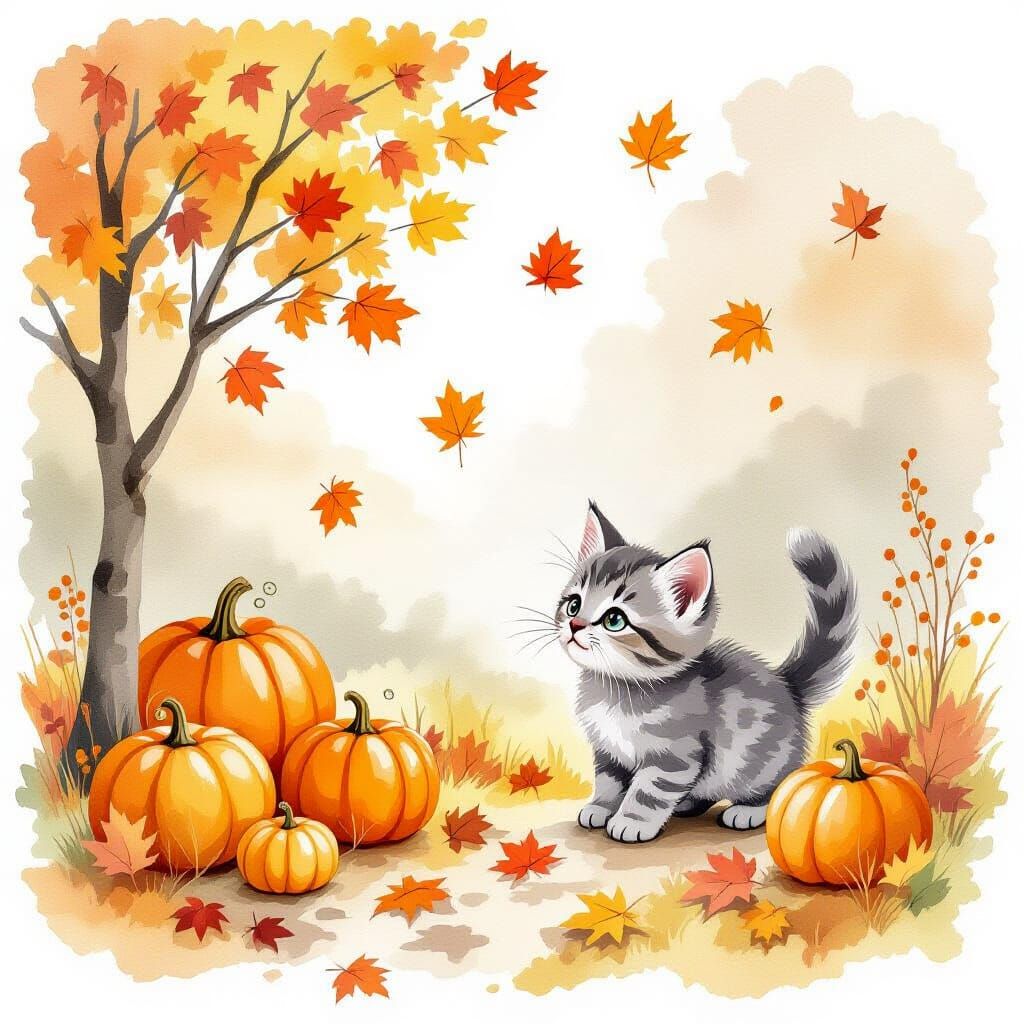Whimsical Kitten's Autumn Adventure in Watercolor