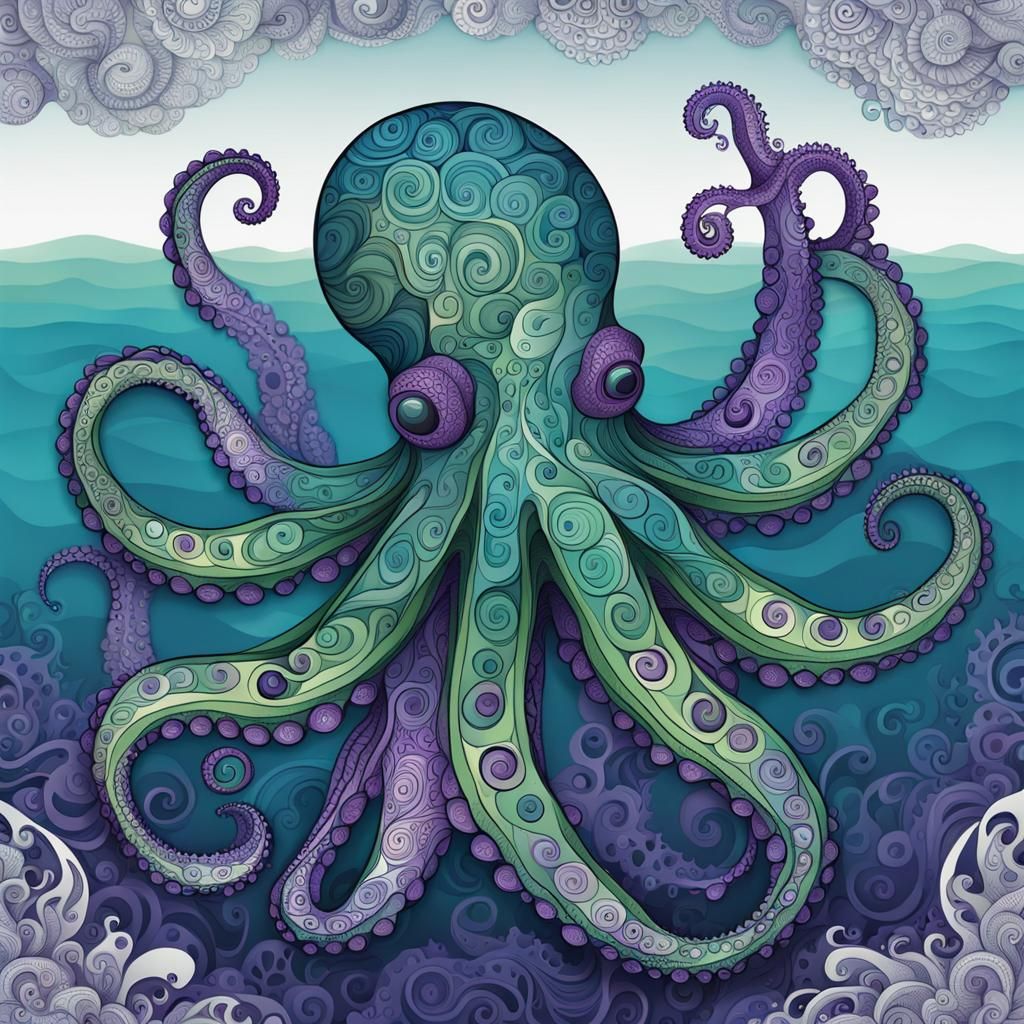 Zentangle Octopus with Ocean Background
