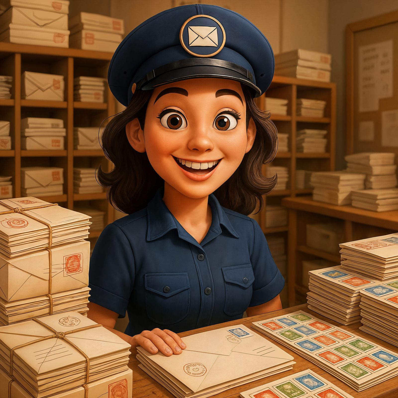 Happy Female Postal Worker in CGI Cartoon Style