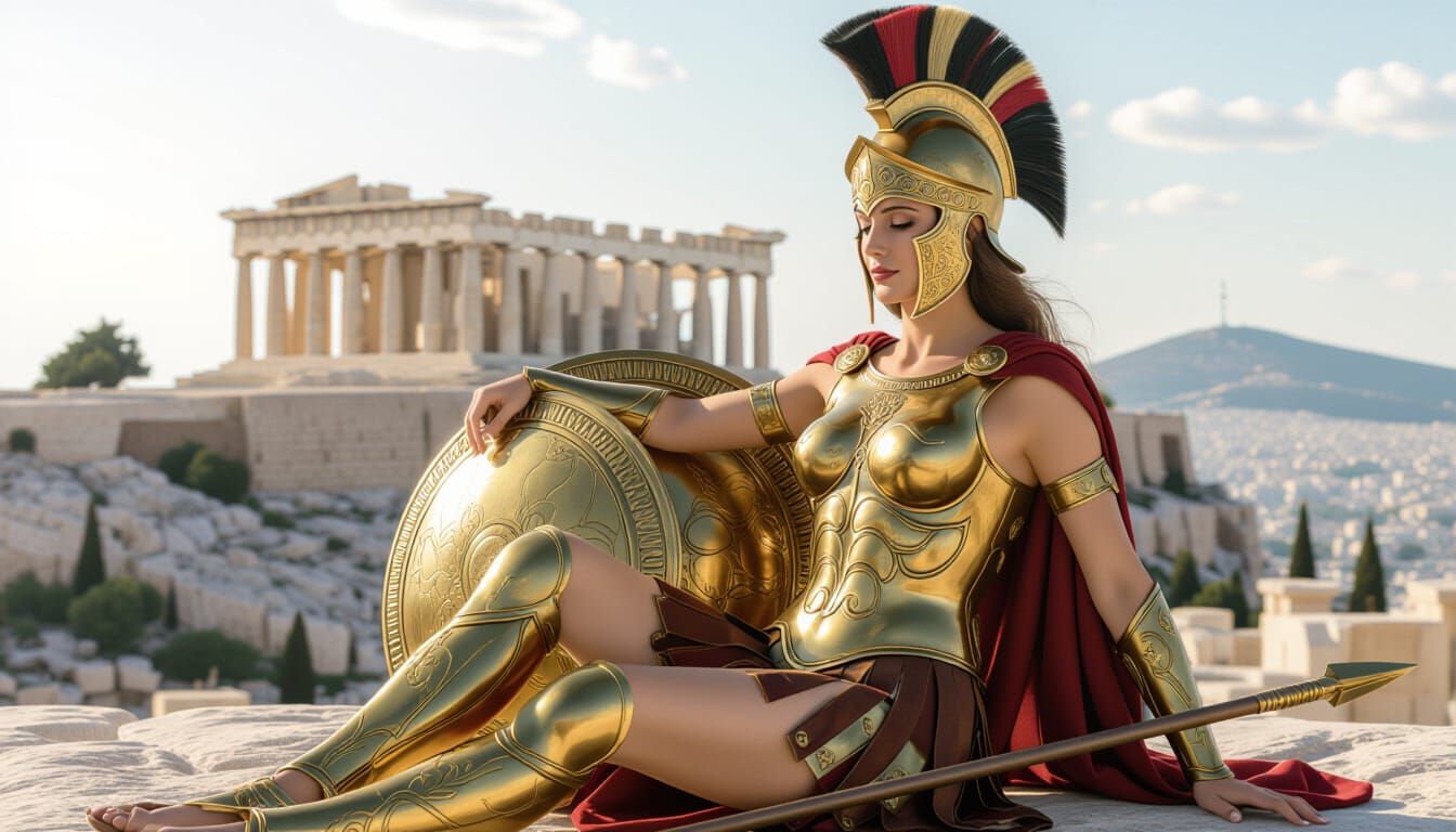 Goddess Athena Resting Peacefully in Acropolis Temple