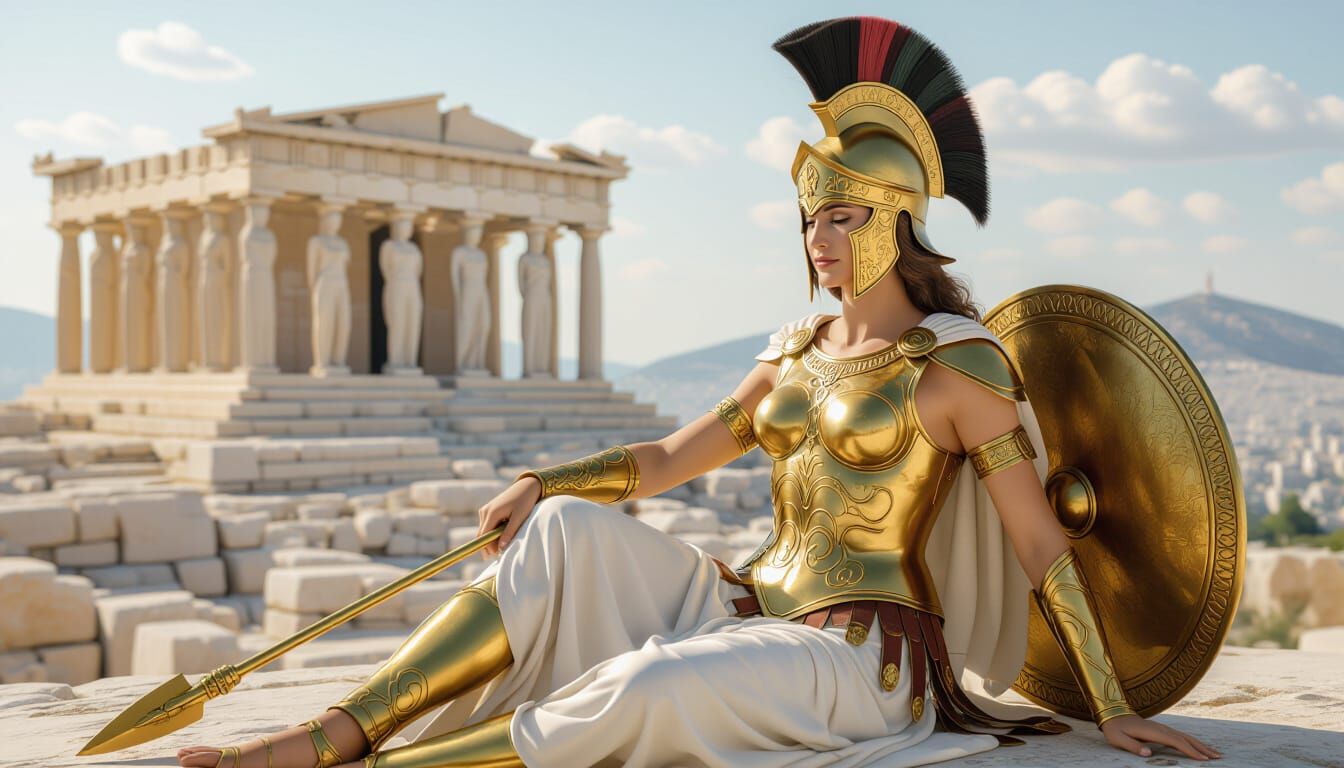 Goddess Athena in Golden Armor at Acropolis Temple