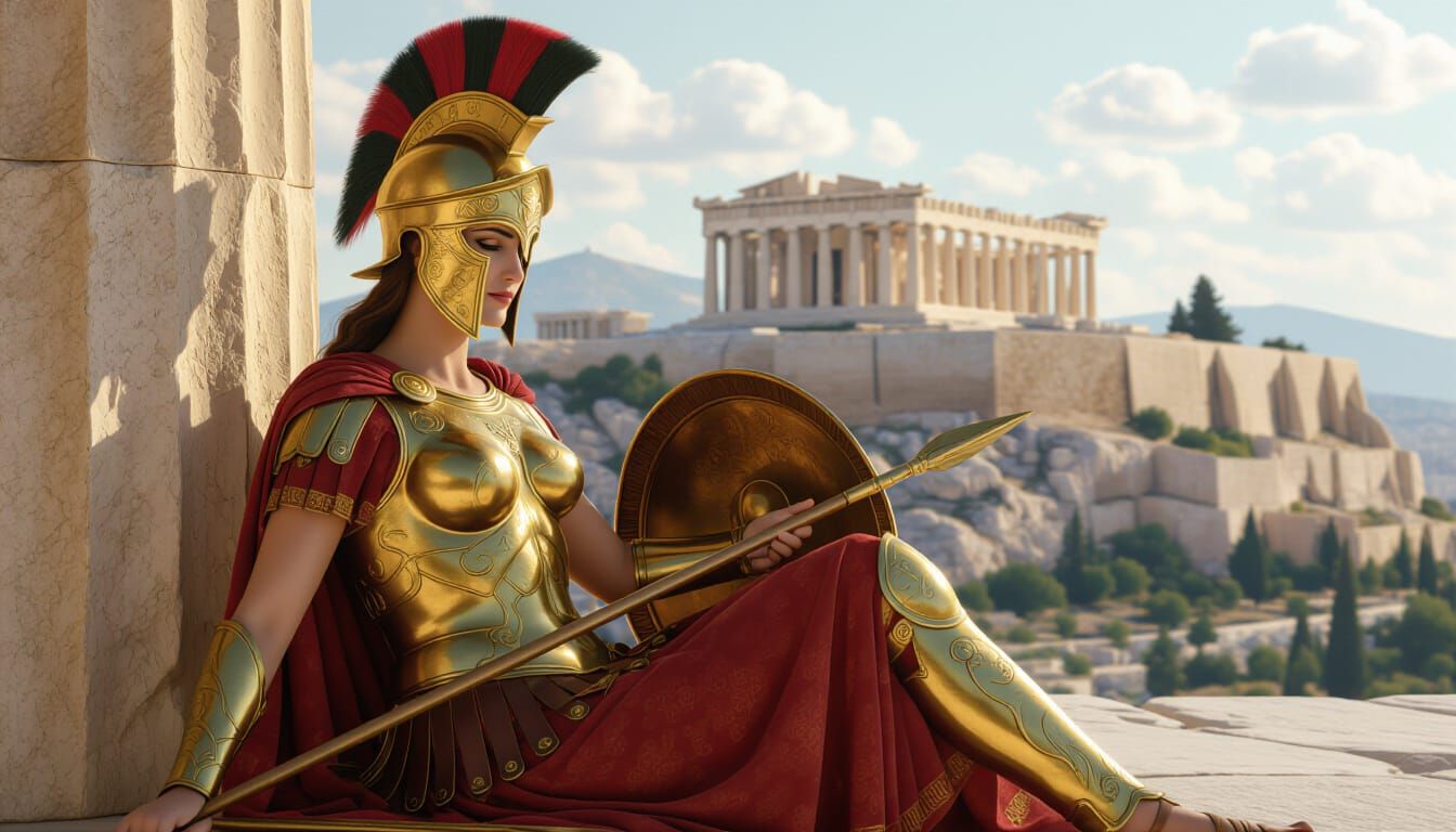 Goddess Athena in Golden Armor at Acropolis Temple