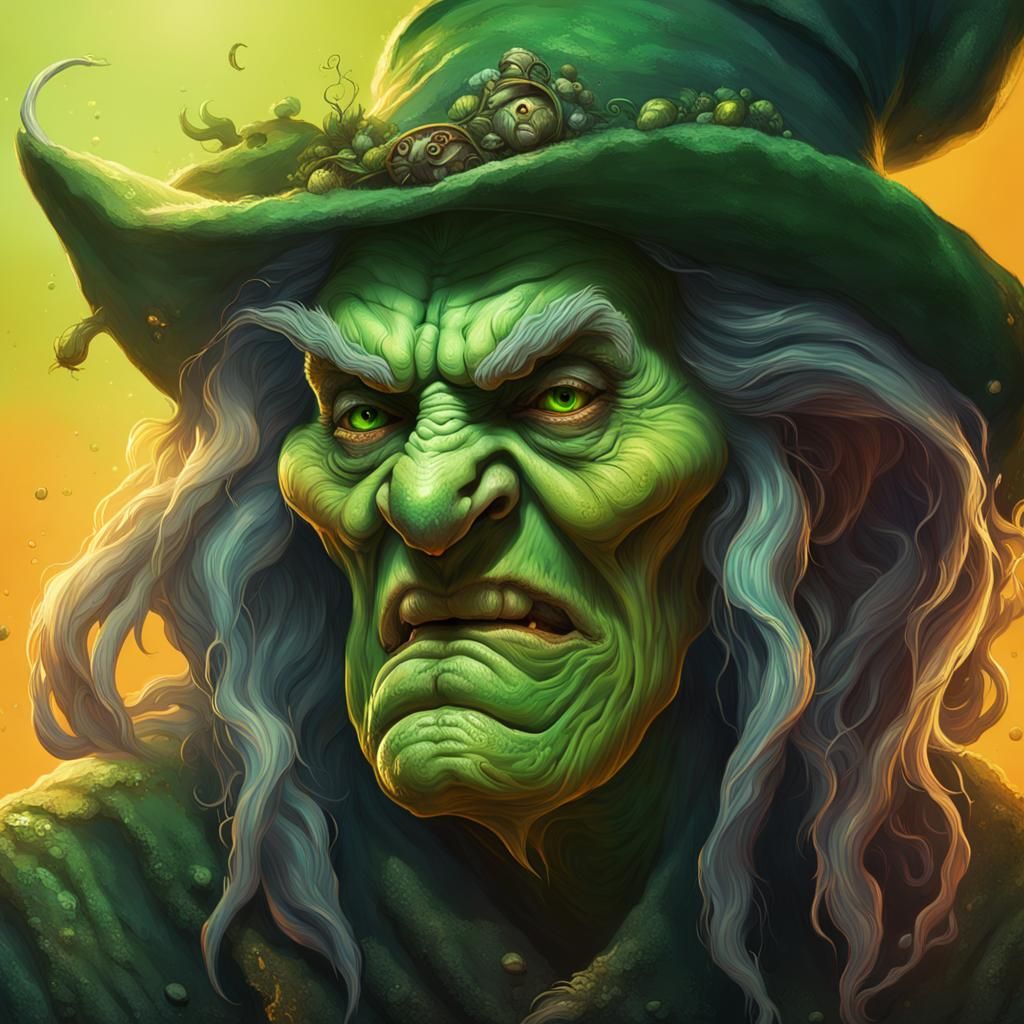 Hyperrealistic Grumpy Green Witch Face in Splash Art