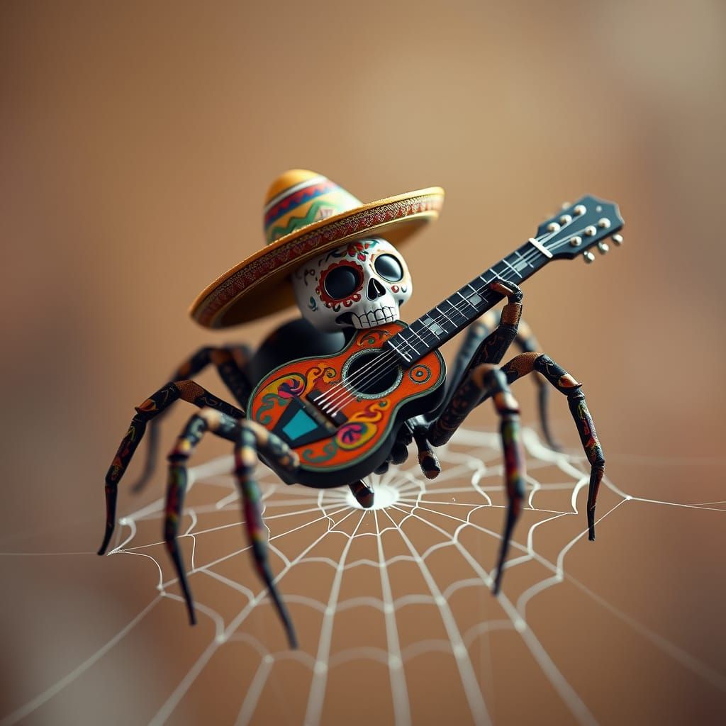 Day of the Dead Spider with Guitar in Low-Poly Art