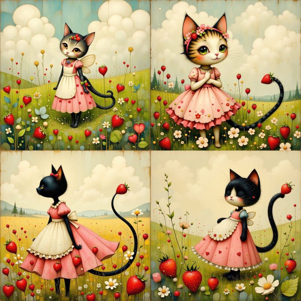 Cat Fairy in Strawberry Field Illustration