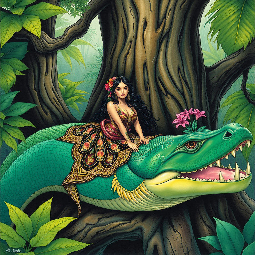 Woman Rides Anaconda in Lush Jungle, Rousseau Style