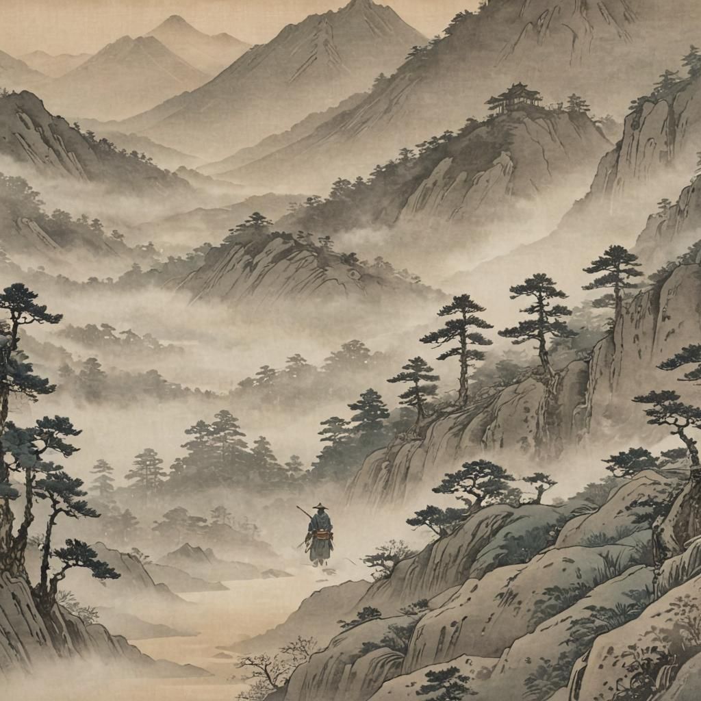 Ukiyo-e Style: Misty, Snowy Mountains