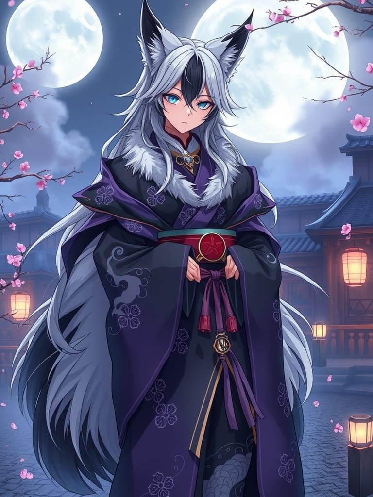 Moonlit Spirit Kiyora with Fox Features and Kimono