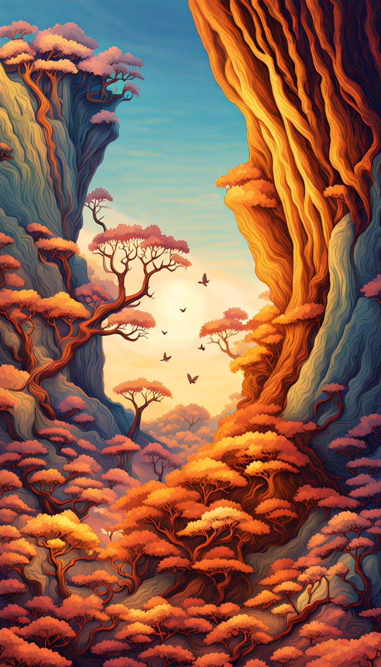 Surreal Cliff Landscape with Melting Phones and Dead Trees i...