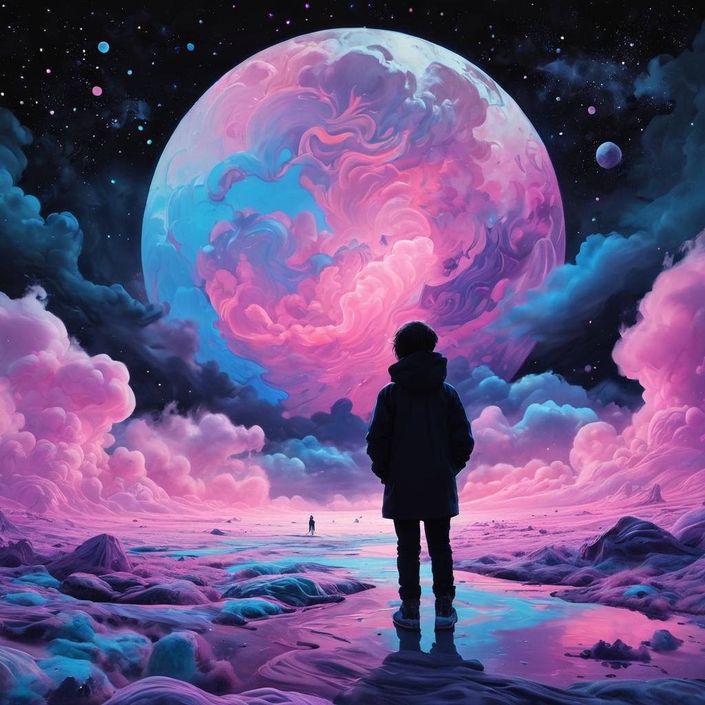 Cosmic Dreamscape with Shadowy Giant, Anime Style