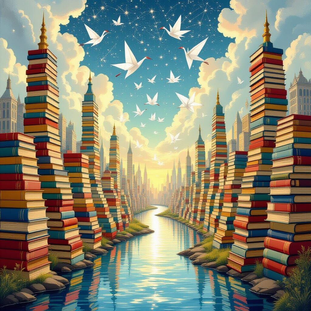 Dreamlike Book Cityscape with Ink River and Quill Constellat...