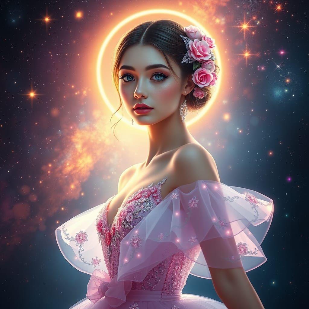 Ethereal Ballerina in Galaxy Dress: Art Nouveau Portrait