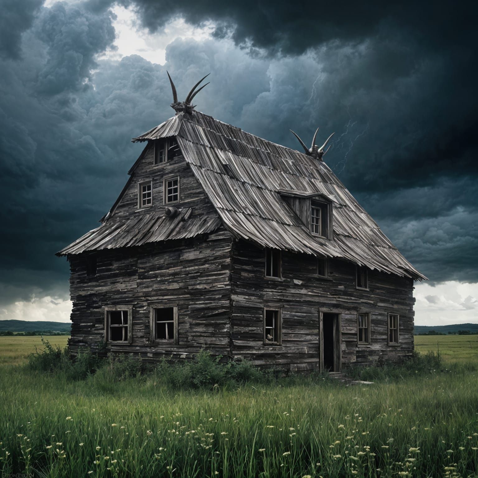 "A colossal horned sky beast is hovering in the stormy skies...