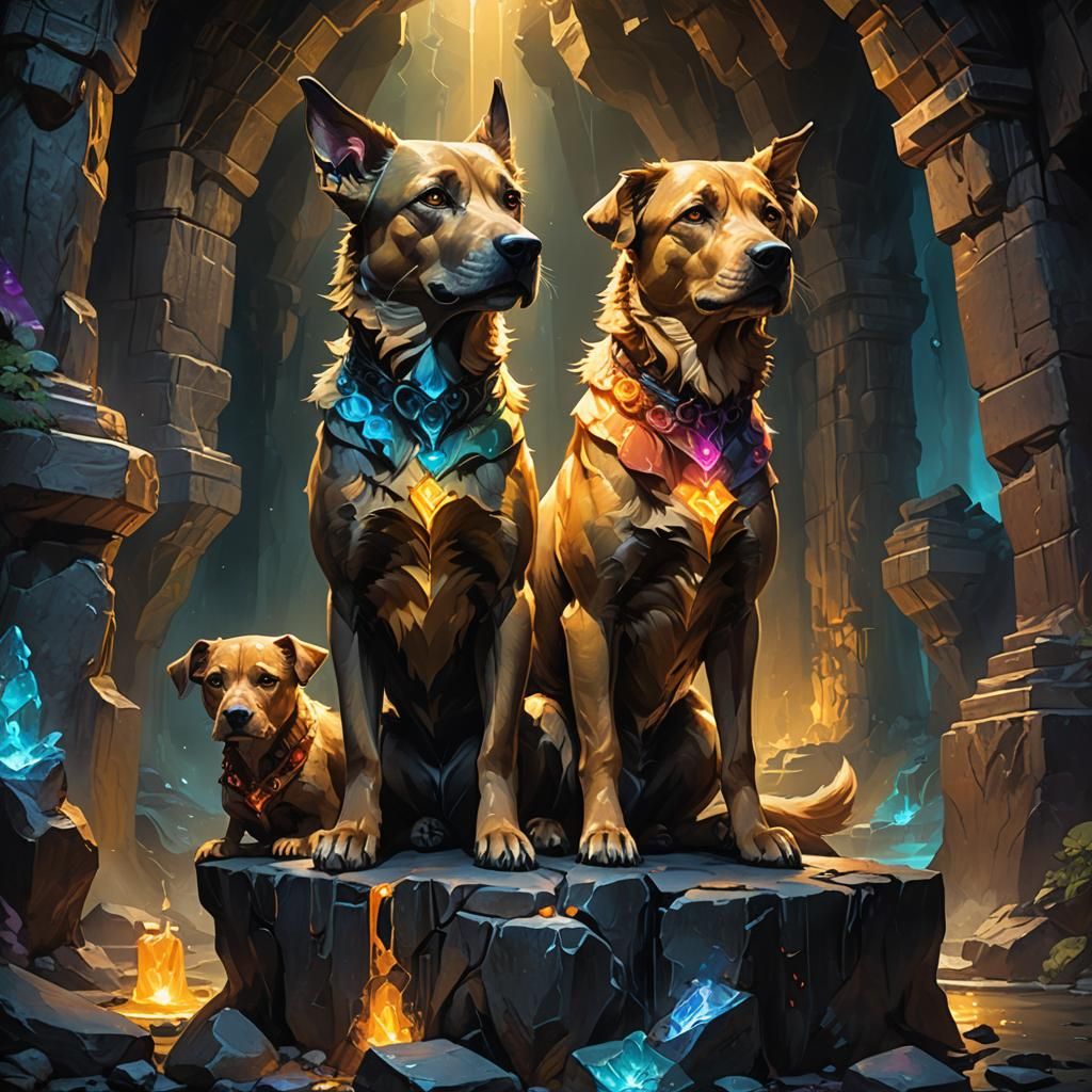 Mystical Three-Headed Dog in Oil Painting Style