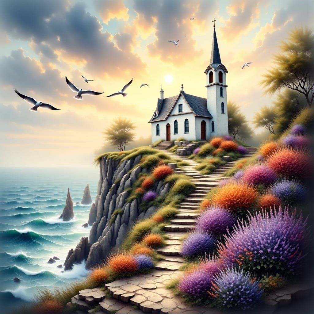 Cliffside Church at Sunset: Atmospheric Matte Painting