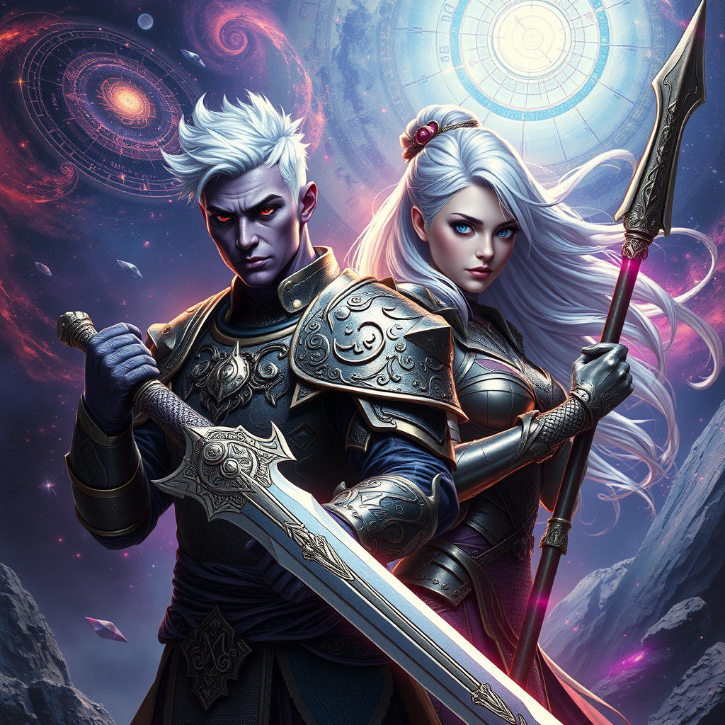 Purple Warrior and Silver Haired Fighter in Beksiński Style