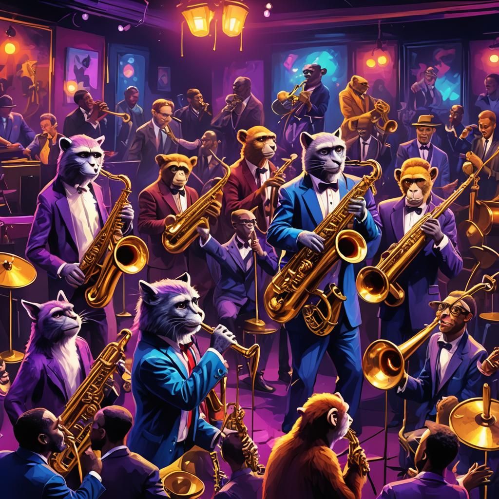 Animals Playing Jazz in Neon Jazz Club