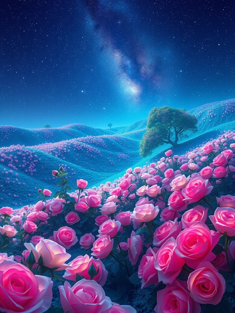 Surreal Cosmic Garden Blooms with Radiant Pastel Roses