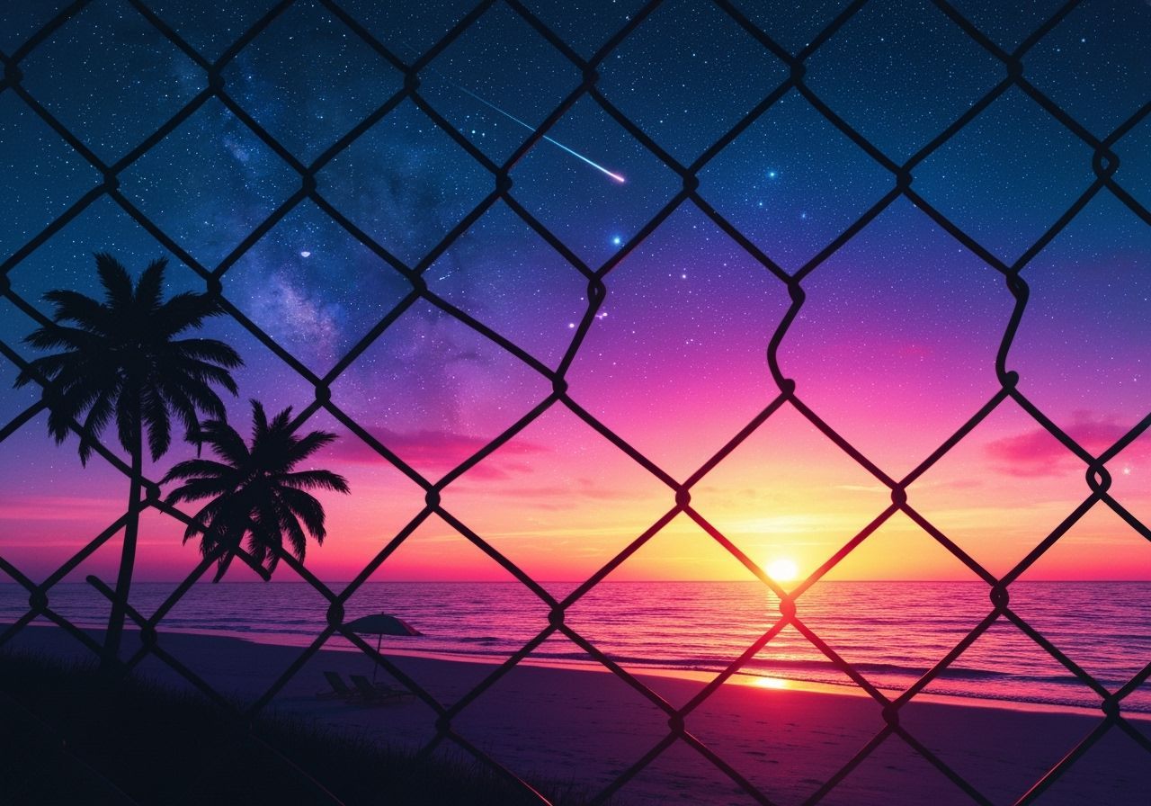 Vibrant Beach Sunset Through Chain-Link Fence in Cyberpunk S...