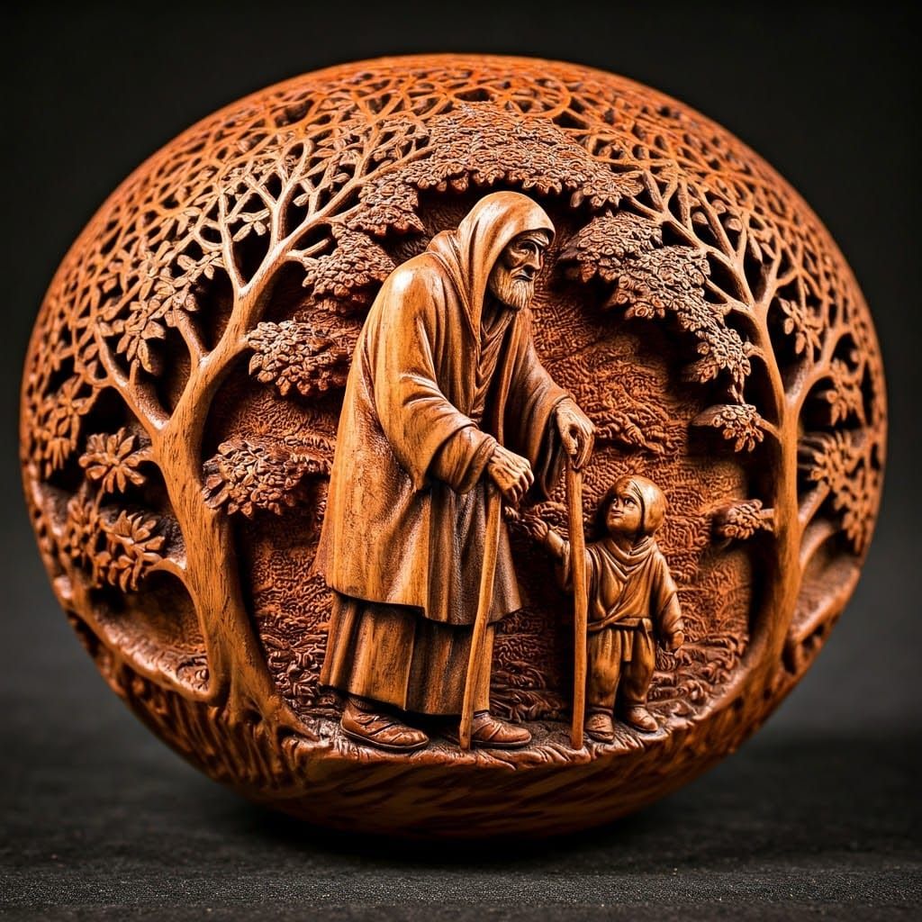 Detailed Wood Carving of Grandfather and Grandson