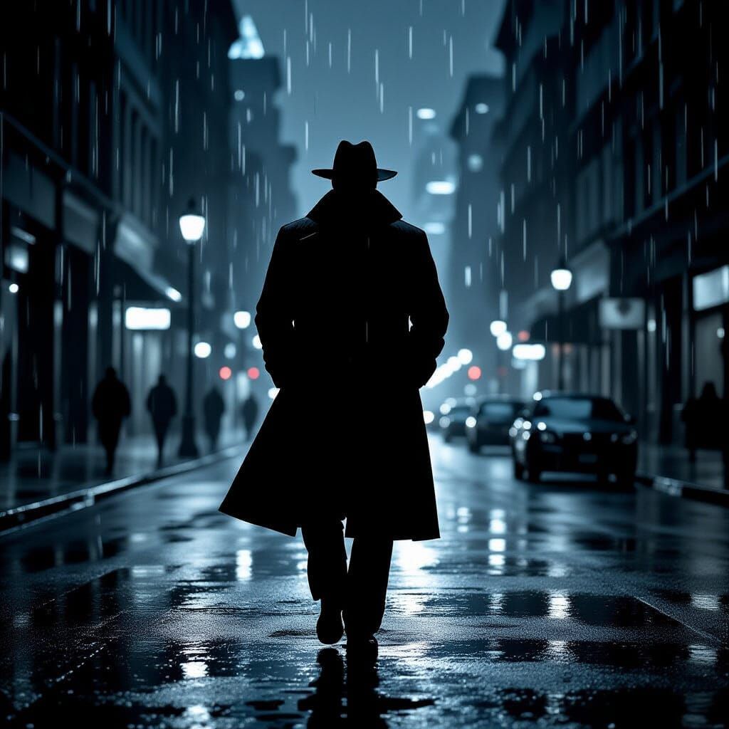 Lone Soldier in Noir Cityscape