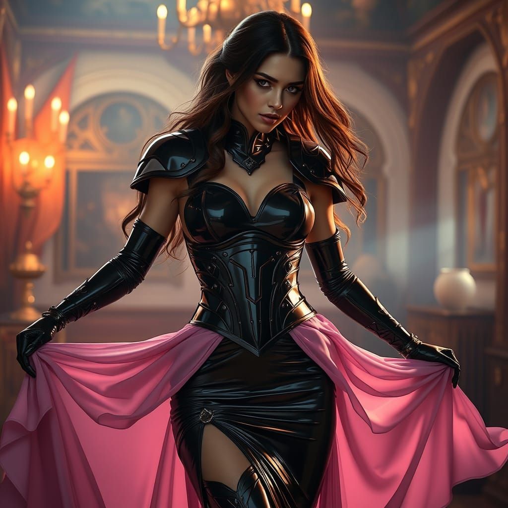 Woman in Latex Armor Dress, Hyperrealistic Rendering