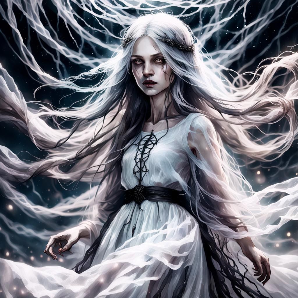 Ethereal Gothic Woman Floats in Haunting, Dark Atmosphere