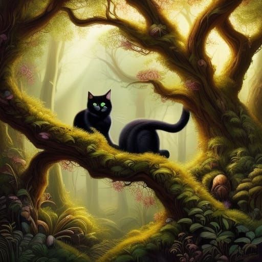 Curious Cat in Enchanted Forest with Woodland Creatures