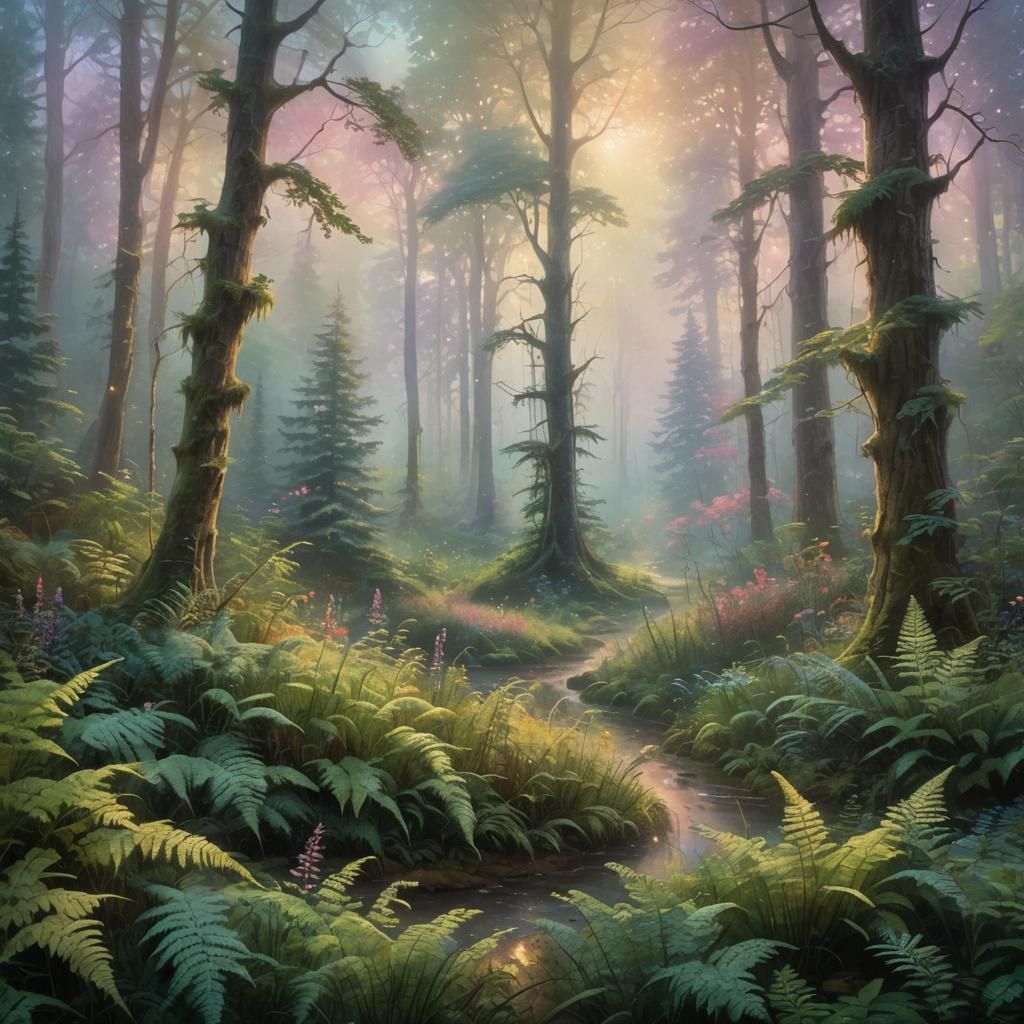 Enchanting Mystical Forest at Dawn in Pastel Colors