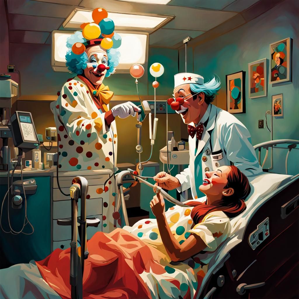 Clown Doctor Entertaining Girl: Expressive Splash Art