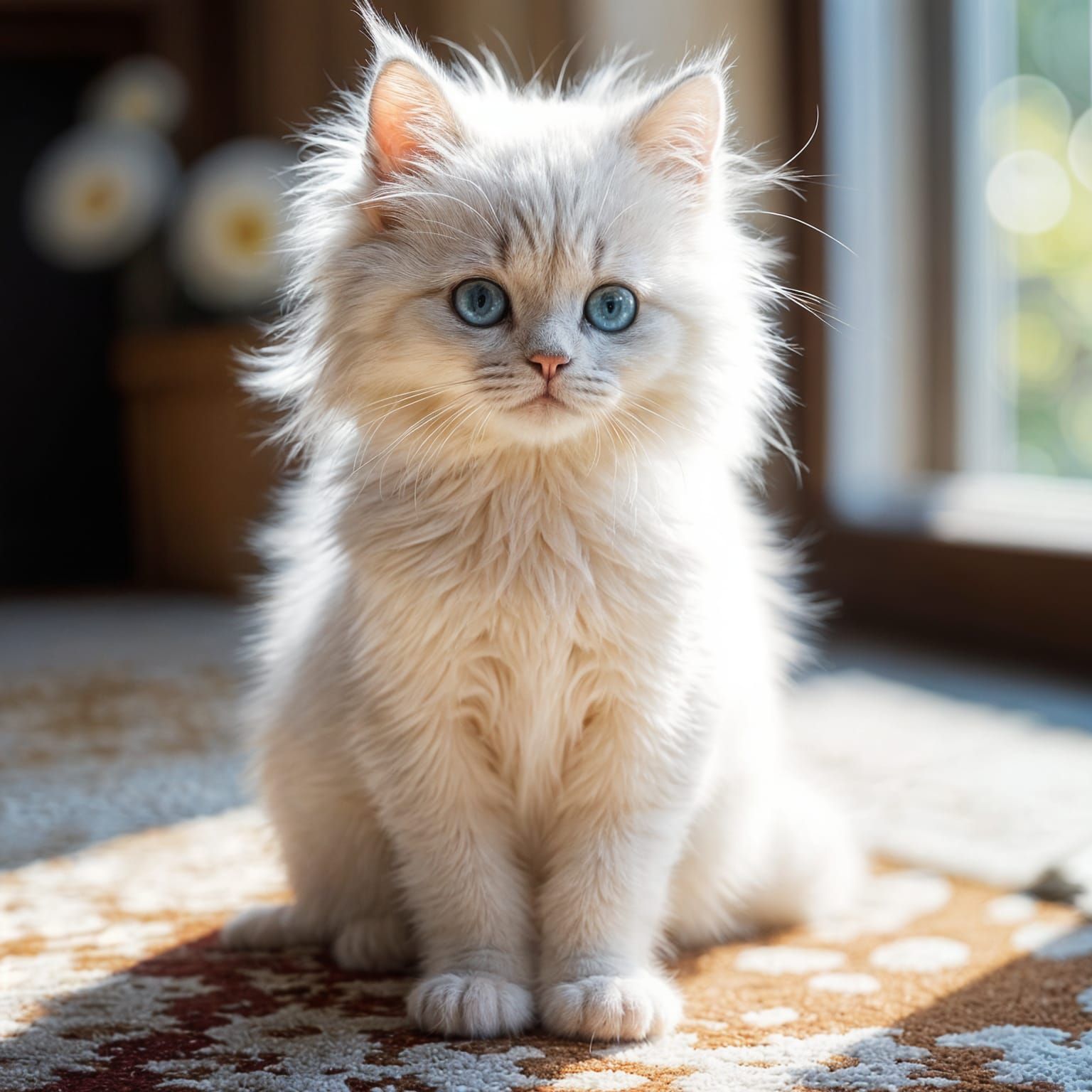 Whimsical Art Nouveau Scene of a Persian Kitten on a Colorfu...