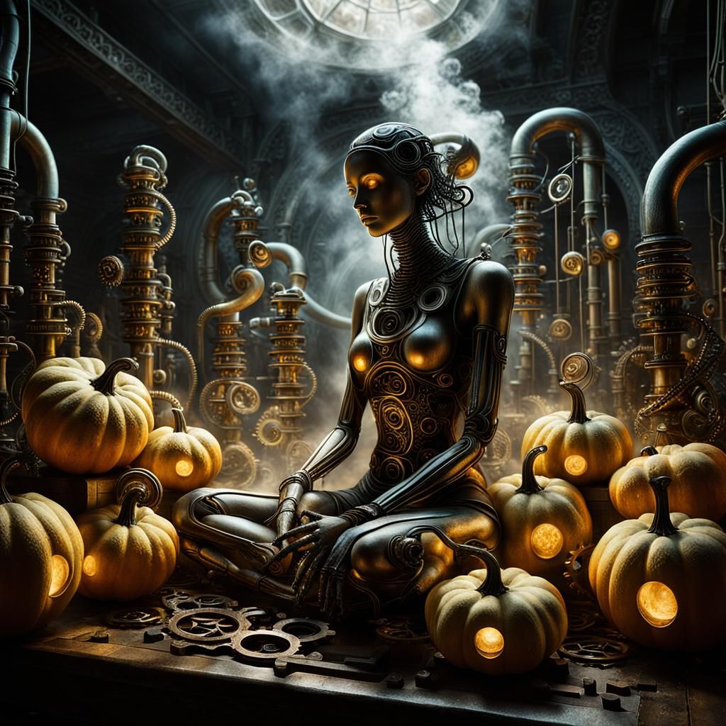 Surreal Steampunk Goddess Among Glowing Gourds