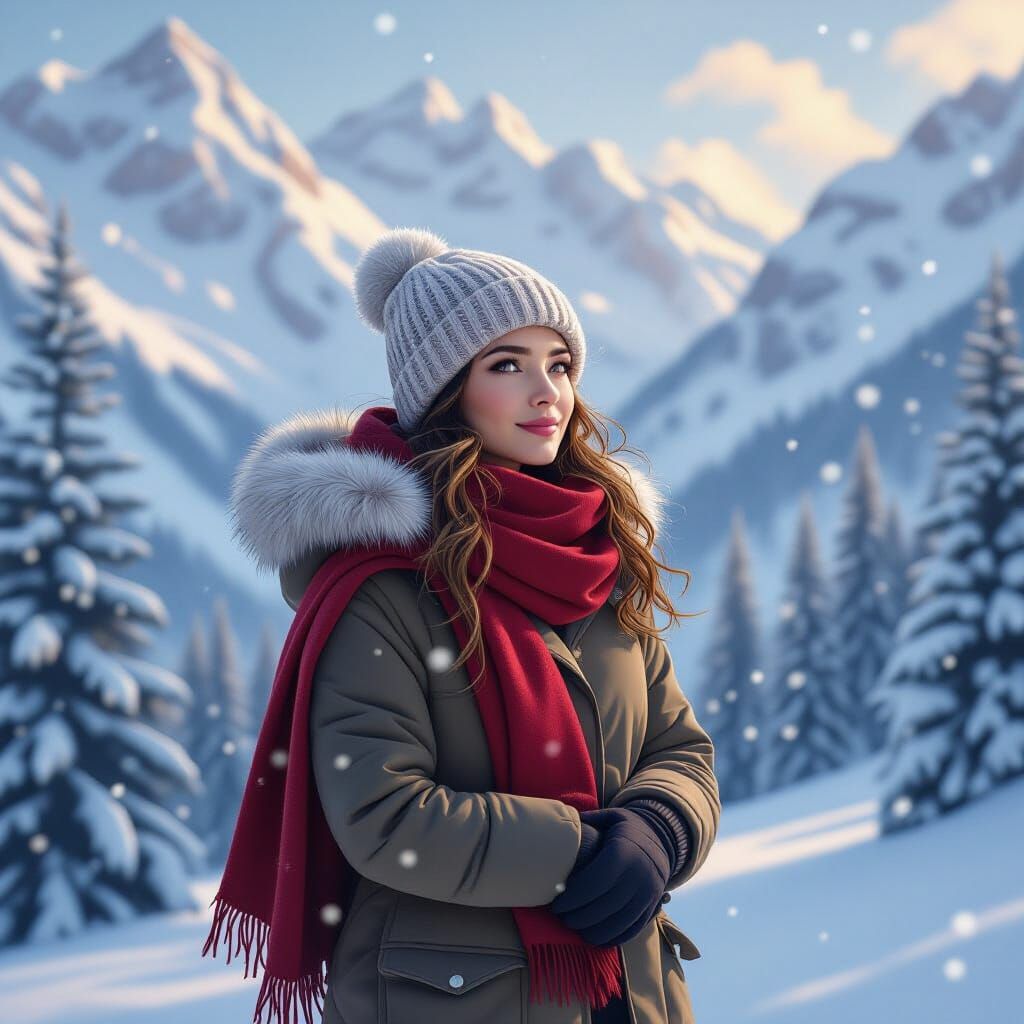 Serene Woman in Winter Mountain Landscape, Digital Art