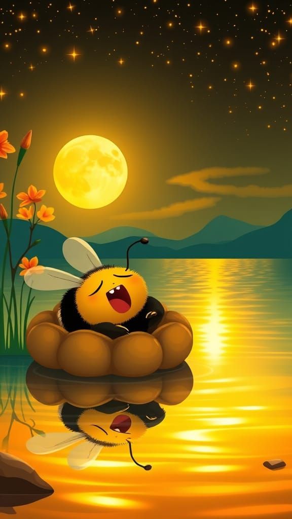 Sleepy Bee Yawning at Sunset in Cartoon Style