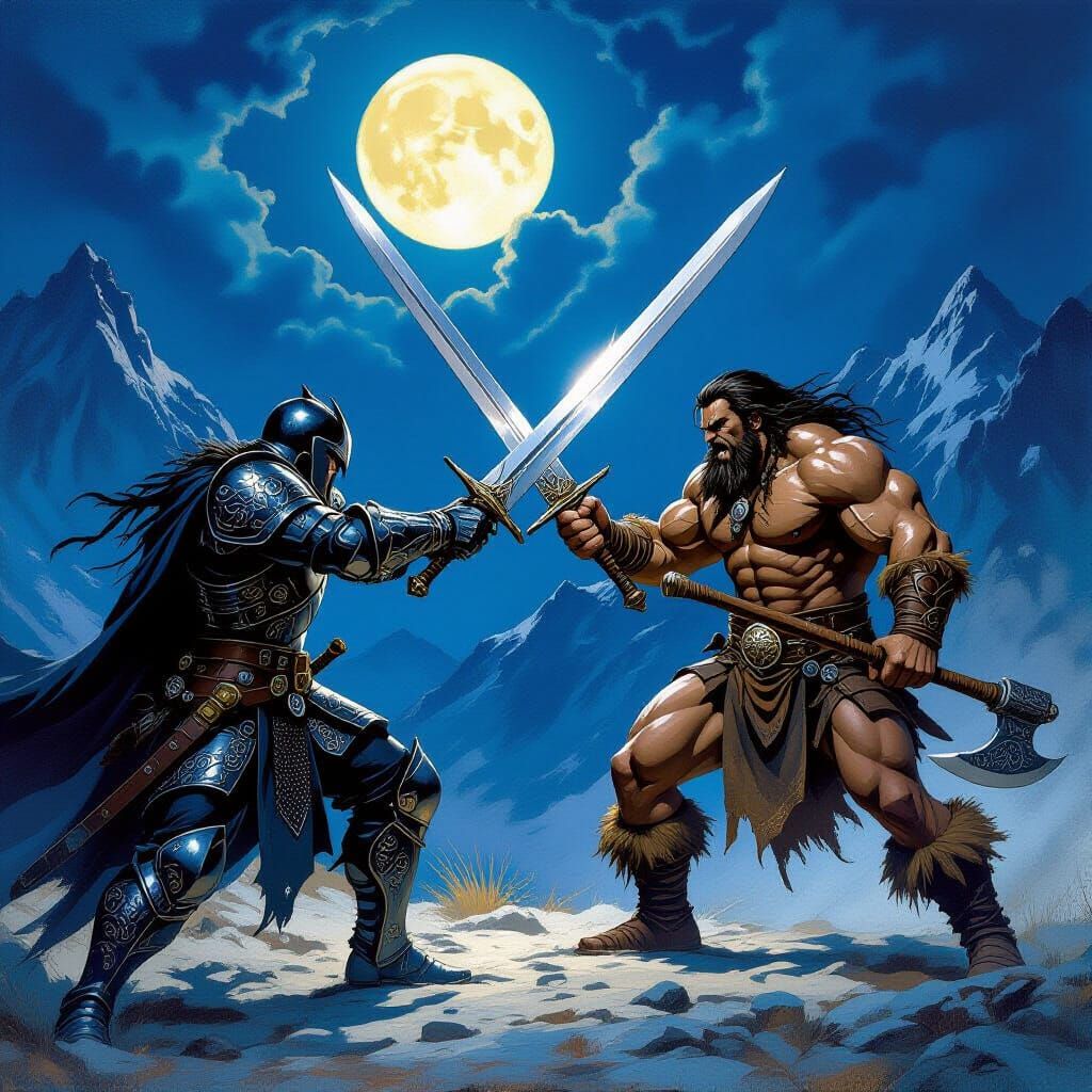 Epic Knight vs Barbarian Duel Under Full Moon